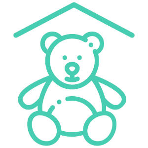 Türkises Icon eines Teddybären unter einem stilisierten Dach – Symbol für den Betriebskindergarten bei Printus