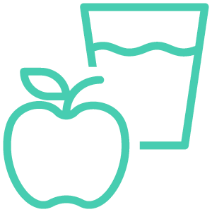 Icon mit Apfel und Getränkebecher – Symbol für kostenloses Obst und Getränke bei Printus