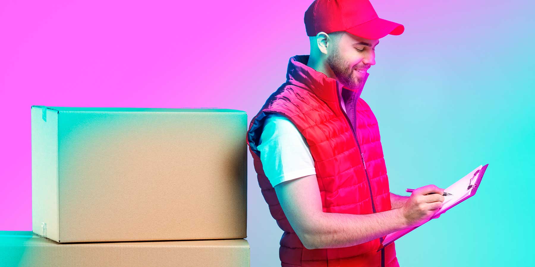 Mitarbeiter in roter Weste mit Klemmbrett prüft Lieferung neben zwei großen Kartons