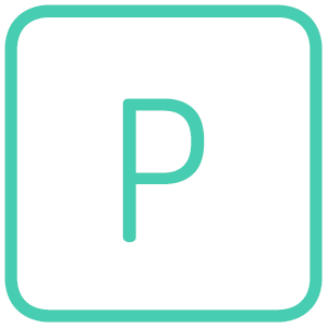 Icon mit dem Buchstaben P – Symbol für firmeneigene Parkplätze für Mitarbeitende bei Printus