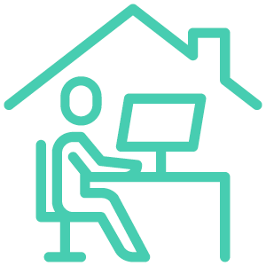 Icon einer Person am Schreibtisch mit Computer unter einem Hausdach – Symbol für Homeoffice oder Mobile Office als Mitarbeiterbenefit bei Printus