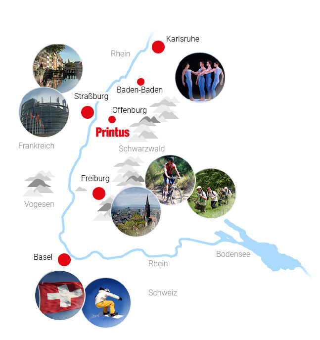 Karte mit Printus-Standort in Offenburg und umliegenden Freizeitangeboten wie Schwarzwald, Straßburg, Freiburg, Basel und Bodensee