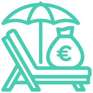 Icon mit Liegestuhl, Sonnenschirm und Geldsack mit Eurozeichen – Symbol für Urlaubsgeld und Weihnachtsgeld als Benefit bei Printus