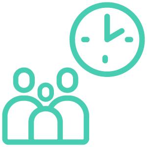 Icon mit drei Personen und einer Uhr – Symbol für flexible Arbeitszeitmodelle bei Printus